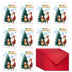 Set of 10 Merry Christmas cards with red envelopes and festive holiday illustrations