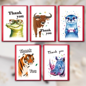 Five adorable African animal thank you cards with red borders and cute illustrations