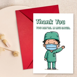 Detail view of medical thank you card with cartoon doctor illustration and red envelope