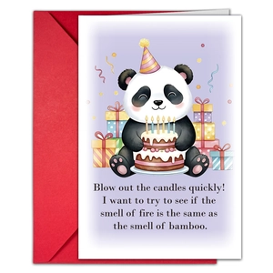 Detailed view of panda birthday card with red envelope and colorful gift illustrations