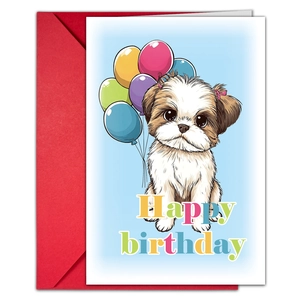 Detail of cute cartoon dog birthday card with colorful balloons and a red envelope