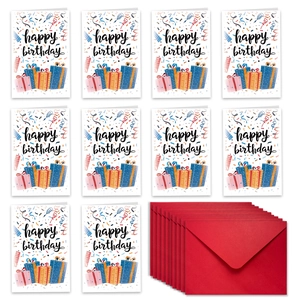 Set of 10 happy birthday folding cards with red envelopes and colorful gift box motifs