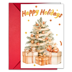 Detailed view of watercolor Christmas tree card with red envelope for holiday greetings