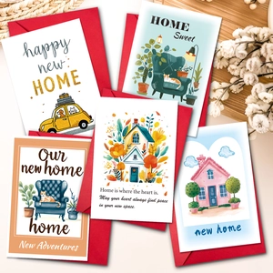 Set of 5 illustrated moving house thank you cards with red envelopes for new homeowners