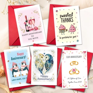 Watercolor anniversary and thank you card set with envelopes and warm illustrations
