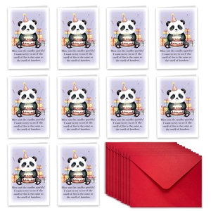 Detail of 10-pack panda birthday cards with red envelopes and festive cake illustration