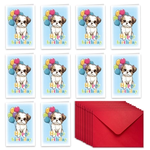 Set of 10 cartoon dog Happy Birthday cards with colorful balloons and red envelopes