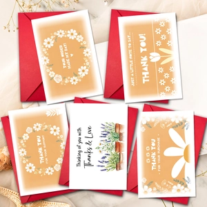 5-pack floral thank you cards with red envelopes and elegant botanical illustrations