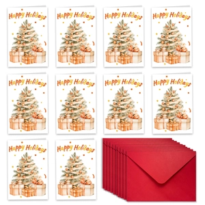 Detail view of 10-piece Merry Christmas card set with red envelopes and tree design