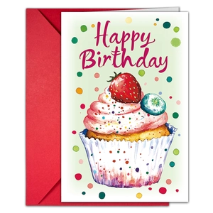 Macro detail of high-quality watercolor cupcake birthday card with red envelope set
