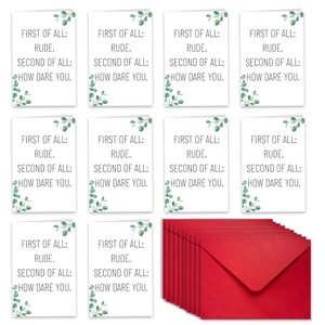 Set of 10 folded farewell cards with eucalyptus design and red envelopes for colleagues