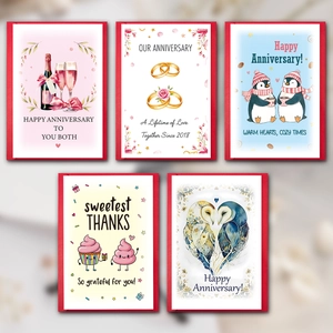 Five assorted anniversary and thank you card sets with envelopes and red border accents