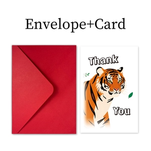 Detail of red envelope and white thank you card with cute tiger animal illustration