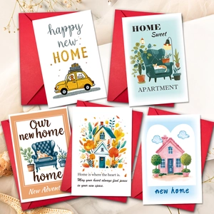 Set of 5 illustrated new home greeting cards with red envelopes for housewarming gifts