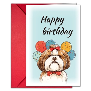 Detail of Happy Birthday card with cute Shih Tzu illustration and a matching red envelope