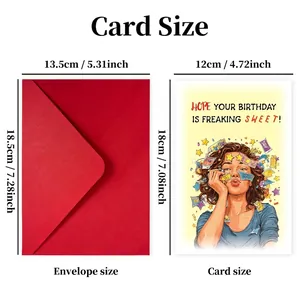 Large funny birthday card set with red envelope showing product dimensions and sweet message
