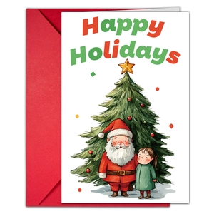 Detailed view of hand-drawn Santa and Christmas tree card with a red envelope