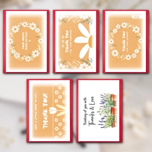 Set of five floral thank you greeting cards with envelopes in minimalist hand-drawn style