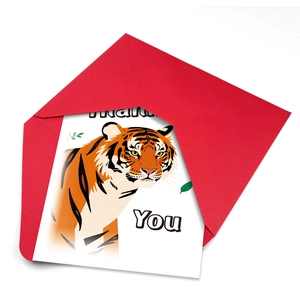 Close-up of thank you card with cute tiger illustration and matching red envelope
