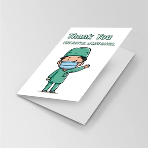 Detail of Thank You card with cartoon doctor and life saver quote for healthcare staff