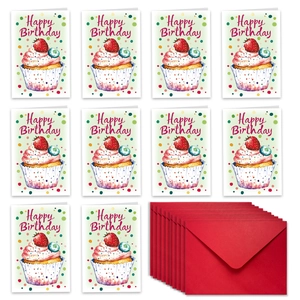 Detail view of 10-piece watercolor cupcake birthday cards with dark red envelopes