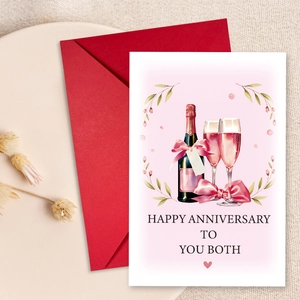 Detail of anniversary card with watercolor champagne bottles, red envelope and floral wreath