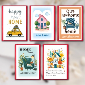 Set of 5 illustrated moving greeting cards with house designs and envelopes