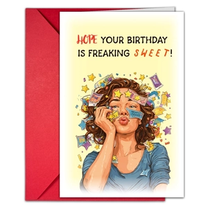 Detail of cartoon birthday card with red envelope and sweet greeting text