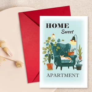 Detail of Home Sweet Apartment greeting card with cat illustration and red envelope