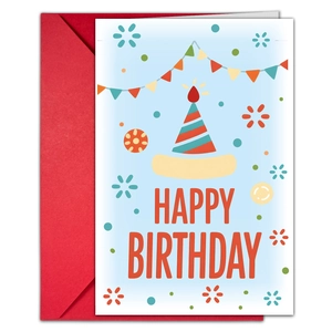 Detailed view of happy birthday card with red envelope and festive patterns
