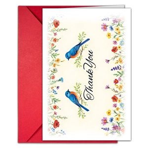 Macro view of thank you card set with floral watercolor birds and a red envelope