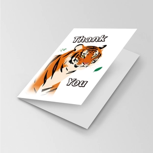 Detail view of a matte greeting card featuring a hand-drawn tiger and Thank You text