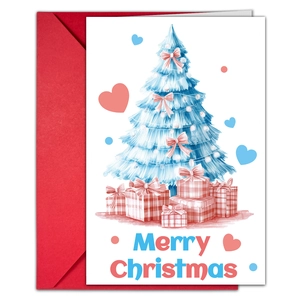 Detail of Christmas card with watercolor tree illustration and a red envelope