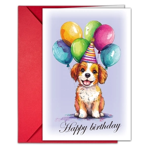 Detail of dog birthday card with party hat and red envelope set in watercolor style