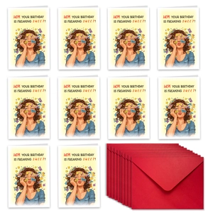 Bulk set of 10 funny birthday cards with red envelopes and pop art woman illustration