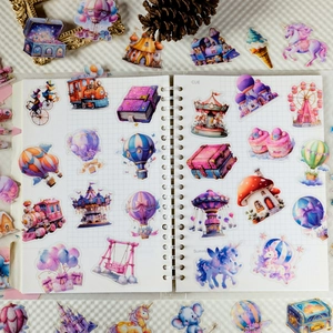 Dreamy amusement park themed PET stickers featuring unicorns and castles for DIY crafts