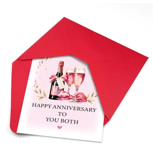 Close-up of anniversary card with hand-drawn champagne illustration and red envelope