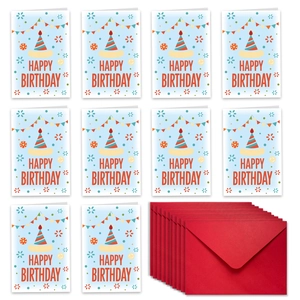 Flat lay of 10 colorful Happy Birthday cards with matching vibrant red envelopes
