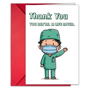 Close-up of a thank you card with a cartoon doctor and a red envelope for medical staff