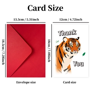 Detailed size guide for tiger thank you card and red envelope set with dimensions