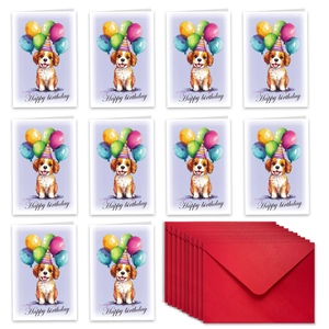 Bulk set of 10 cute watercolor dog birthday cards with vibrant red envelopes