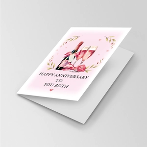 Detail of anniversary card featuring watercolor champagne and festive greenery illustration