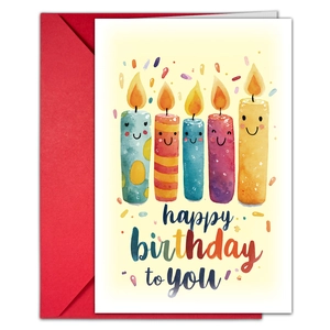 Detailed view of watercolor birthday card with cute candles and a vibrant red envelope
