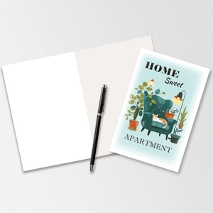 Detail of Home Sweet Apartment greeting card with hand-drawn cat and plant illustrations