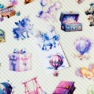 Dreamy amusement park PET stickers with unicorn and hot air balloon motifs for DIY