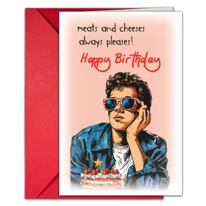 Funny retro birthday card with red envelope featuring a man and a cream star cake