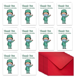 Set of 10 thank you cards with red envelopes featuring cartoon doctor for medical staff