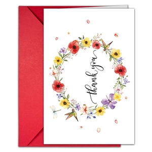 Macro detail of white thank you card with floral watercolor wreath and red envelope