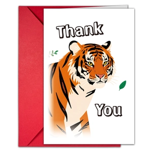 Close-up of thank you card featuring realistic tiger illustration and red envelope