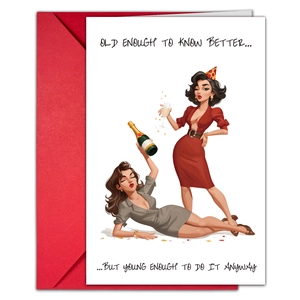 Close-up of birthday card with retro women illustration and bold red envelope set